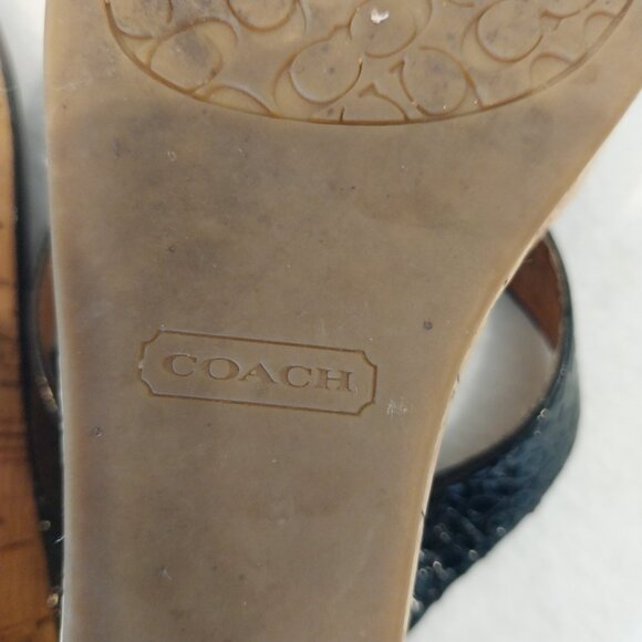 Coach 6.5 Strappy Sandal Wedge Cork Black Patent Leather Jorgina Signature Thong - Picture 13 of 13